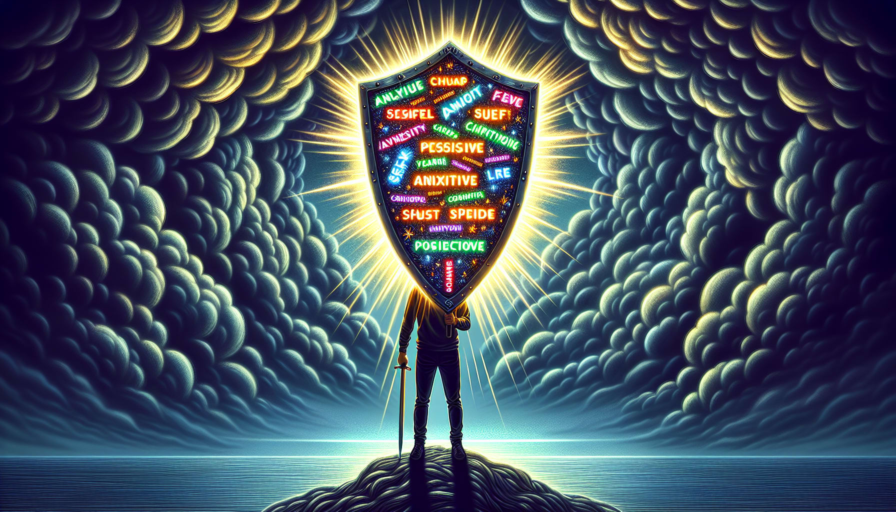 An artistic depiction of affirmations combating chronic anxiety.