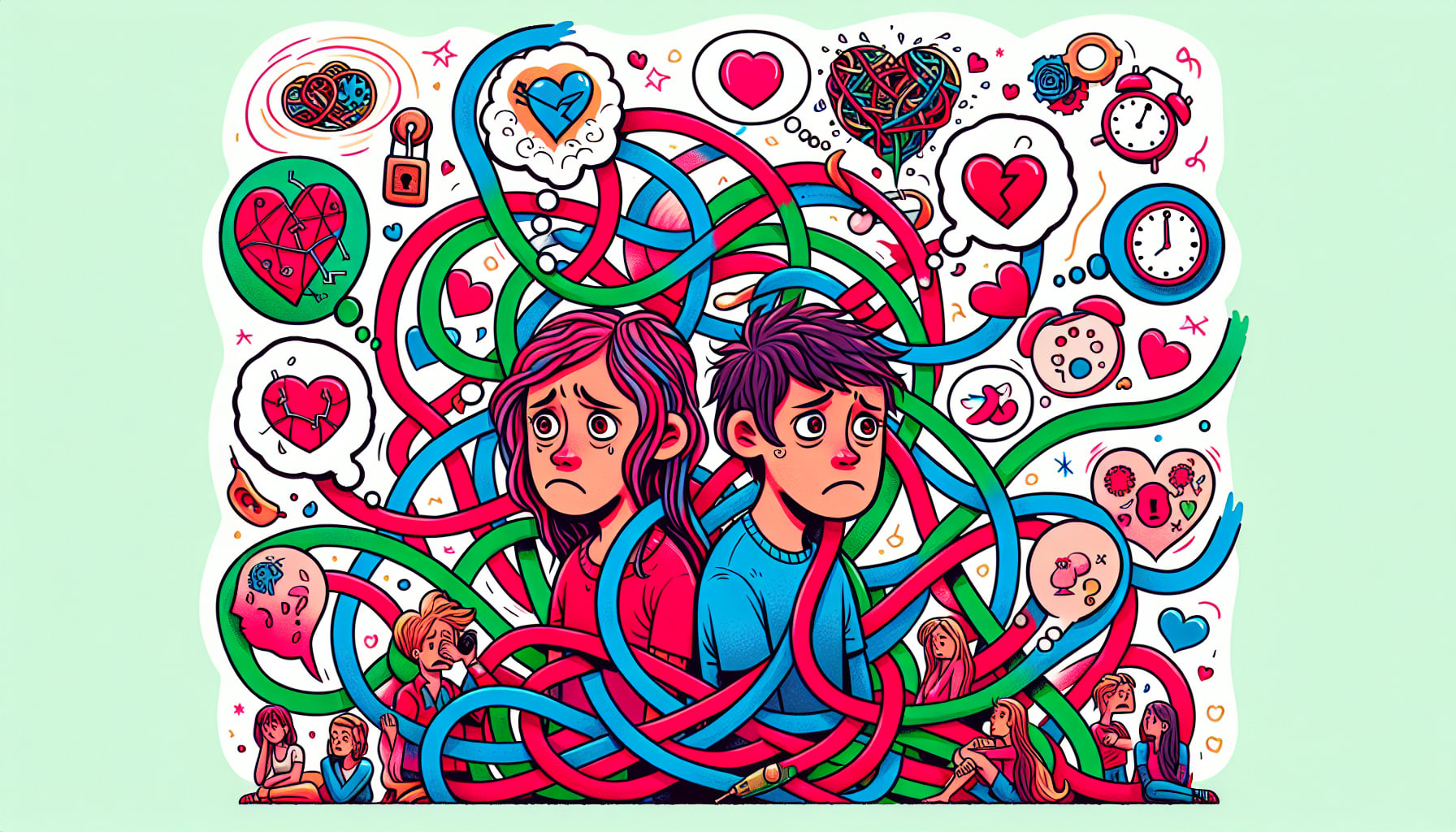 An illustration showing a couple struggling with codependency, highlighting the emotional ties that bind them.