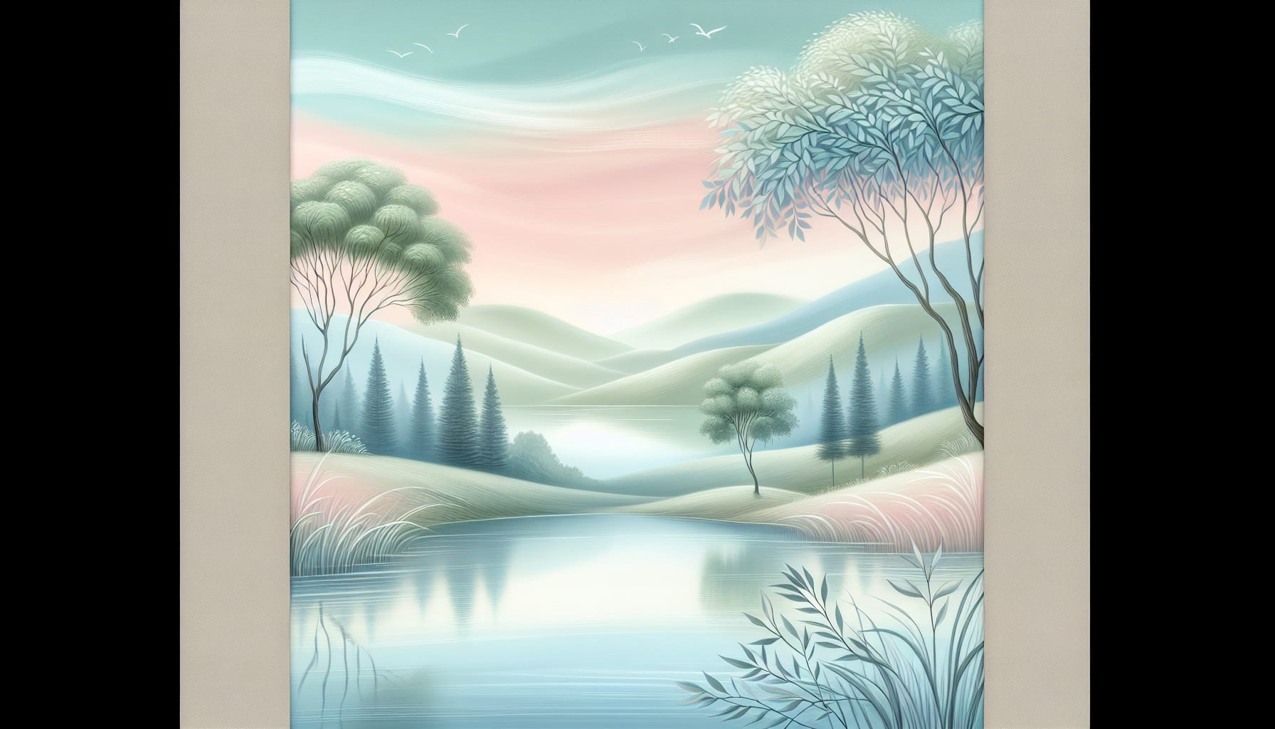 A serene landscape representing mindfulness and stress reduction, with calming elements.