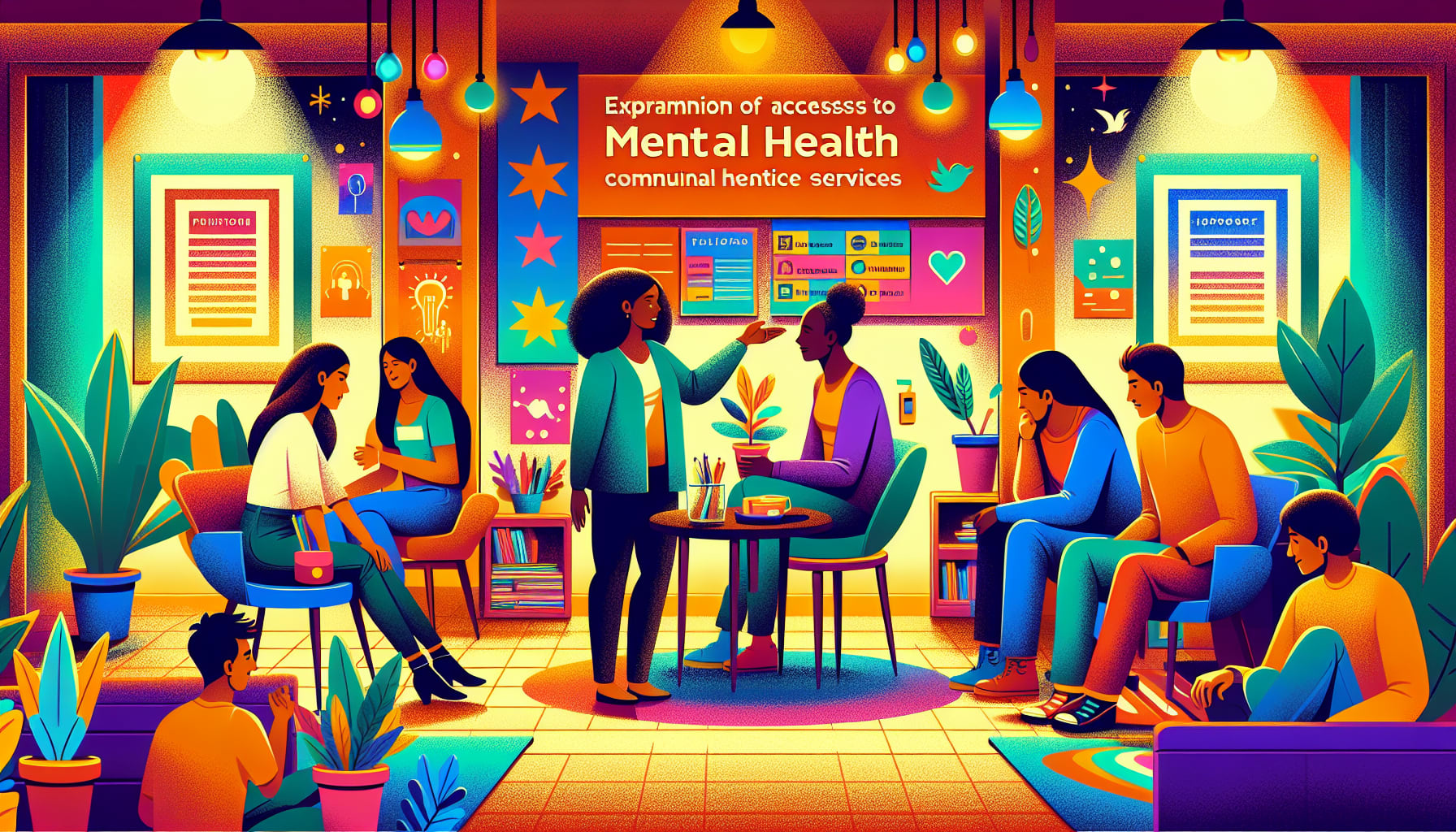 An illustration depicting the expansion of mental health services in a community setting, highlighting therapists working with diverse populations.