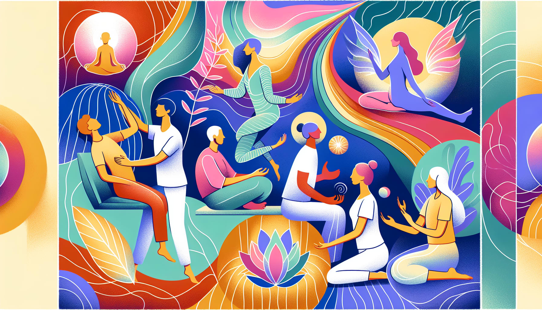 An artistic depiction of various types of somatic therapies being practiced.