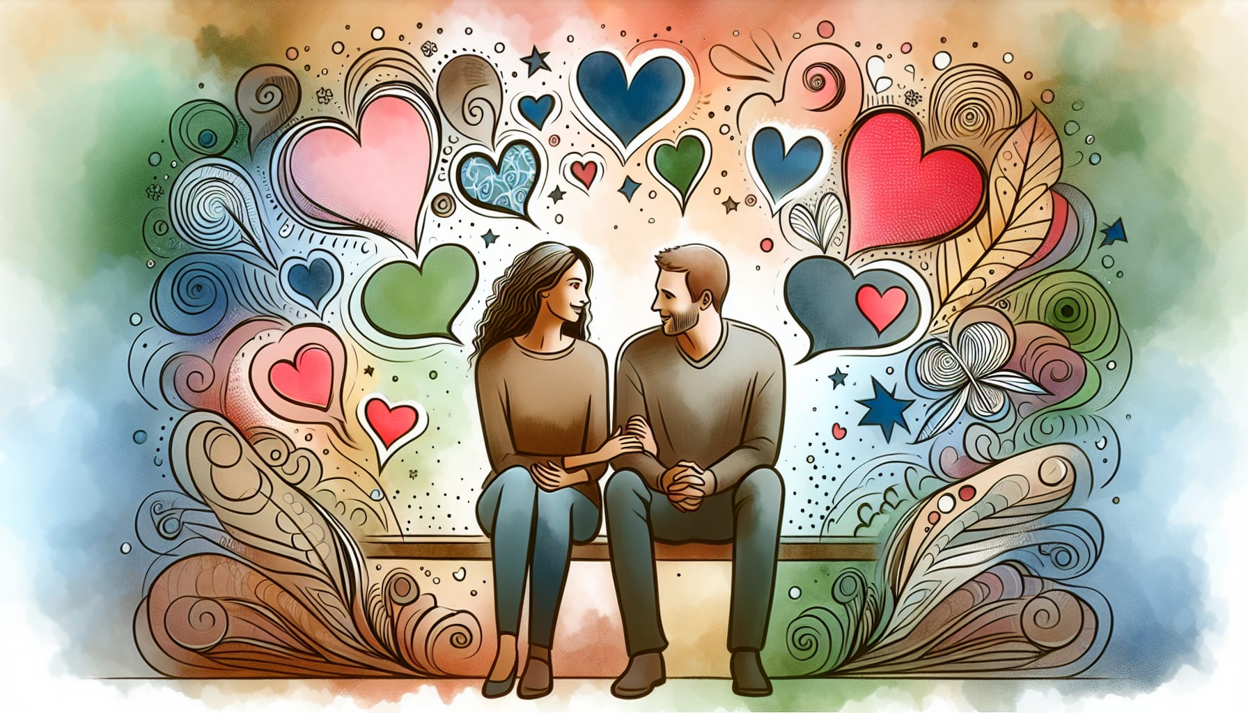 An illustration showing a couple practicing communication skills in a supportive environment.