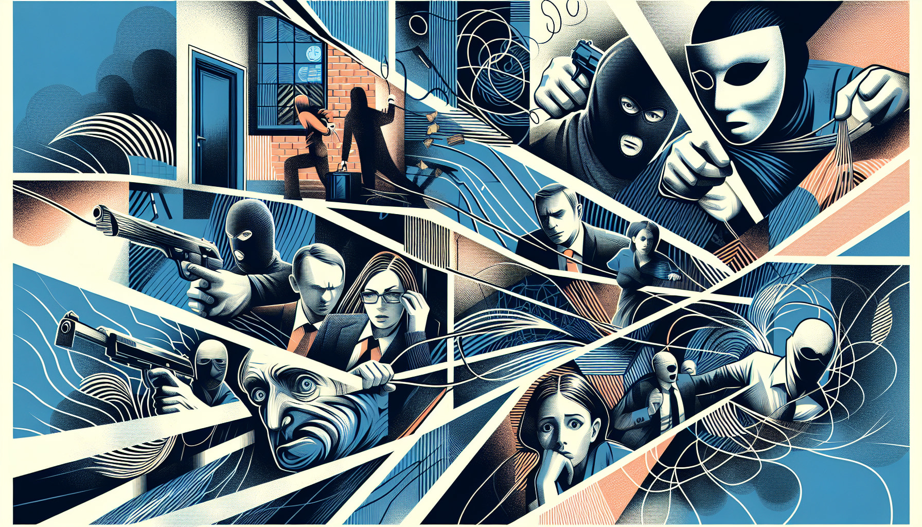 An illustration depicting real-life examples of Stockholm Syndrome, with scenes of different hostage situations in a stylized manner.