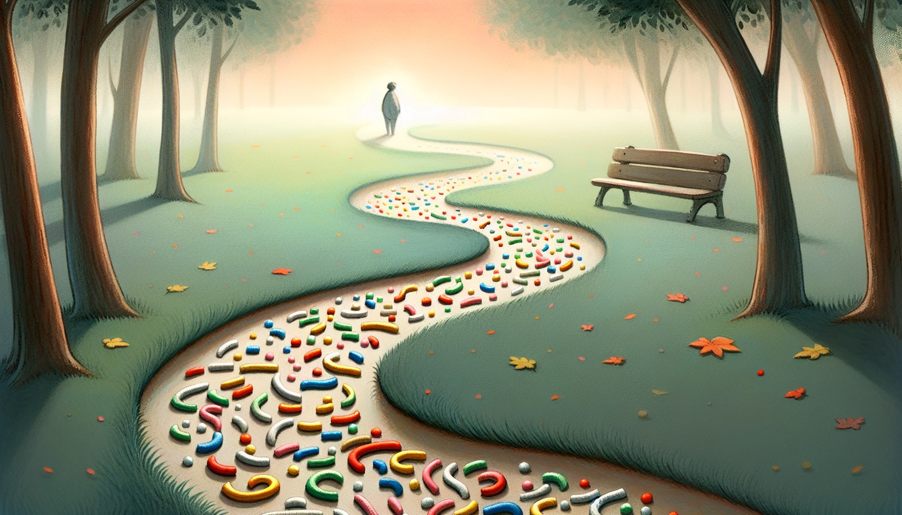 An illustration showing the concept of breadcrumbing with a trail of breadcrumbs leading to a person looking confused.