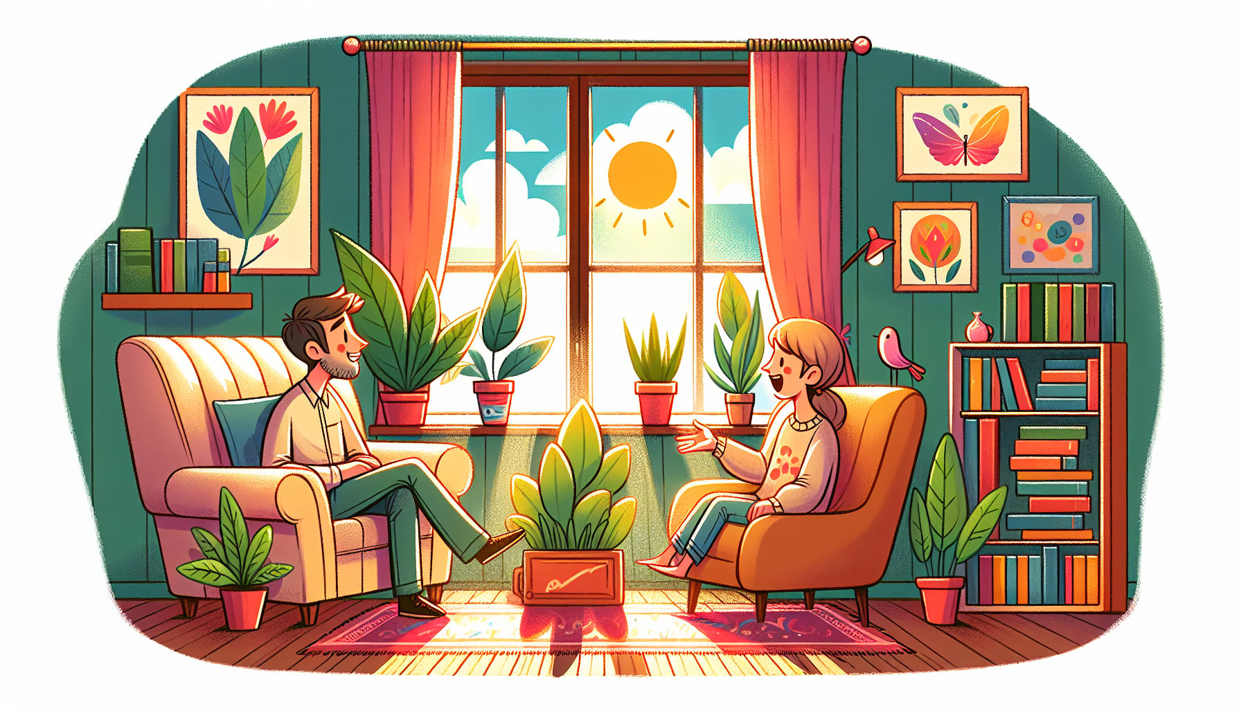 A cartoon depicting a therapist and a client engaged in a therapy session, highlighting the therapeutic relationship.