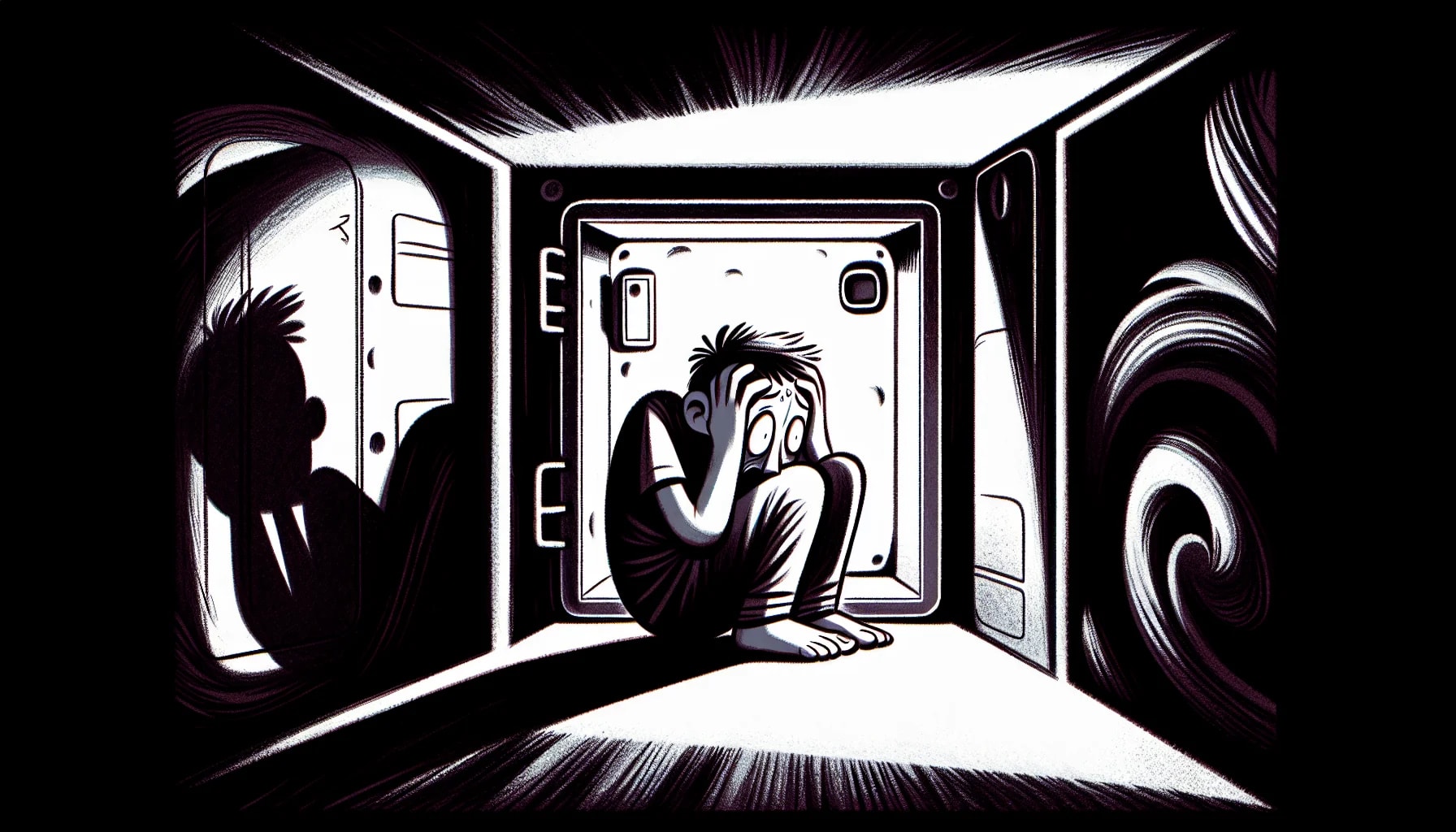 An illustration showing a person feeling anxious in a confined space, representing the concept of claustrophobia.