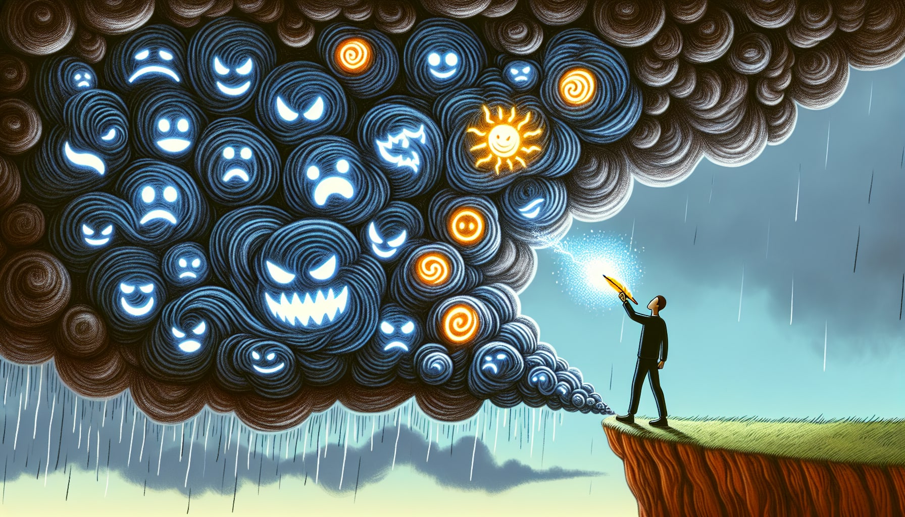 Illustration of a person challenging negative thoughts, depicting cognitive techniques in CBT