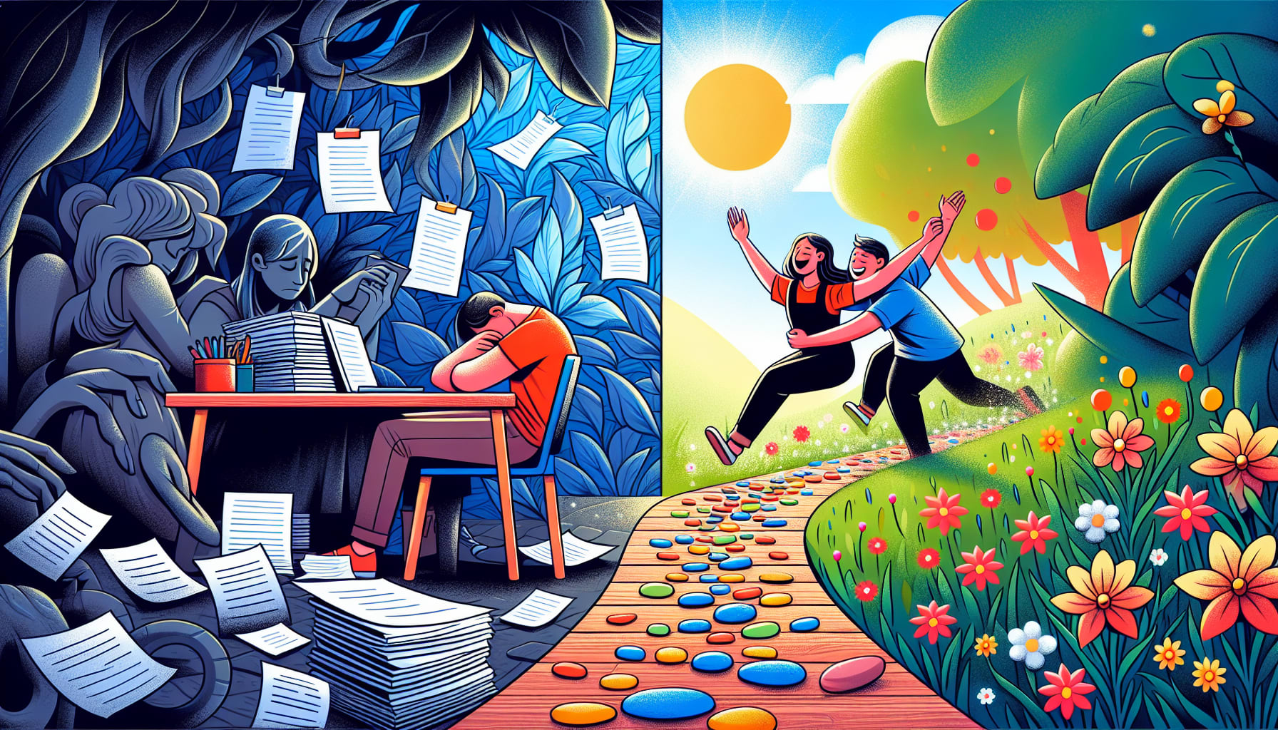 An illustration depicting how black and white thinking affects different areas of life, including work and relationships.