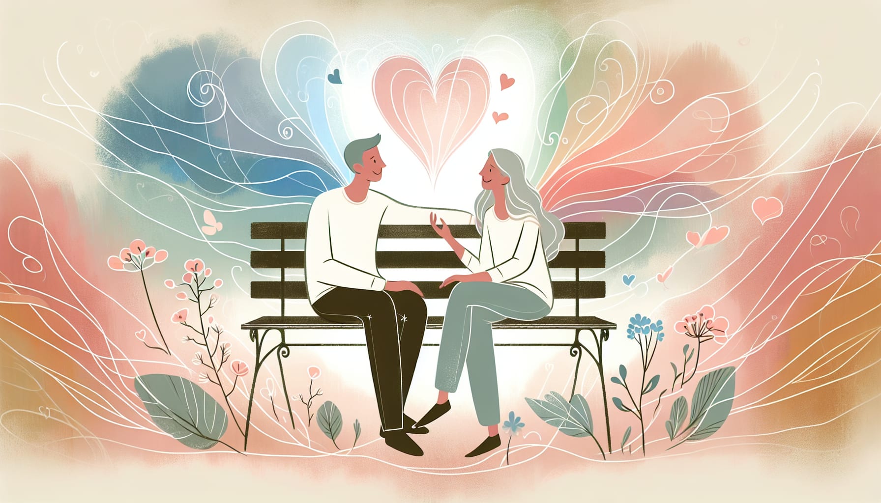 An illustration depicting a healthy relationship, with two people communicating openly and happily.