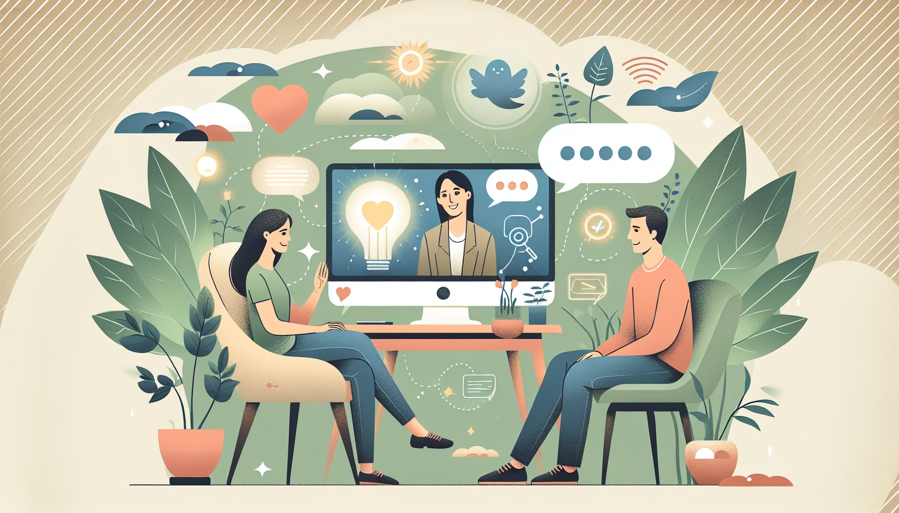A creative illustration representing online therapy services in Los Angeles, showcasing a therapist and client interacting through a computer screen.