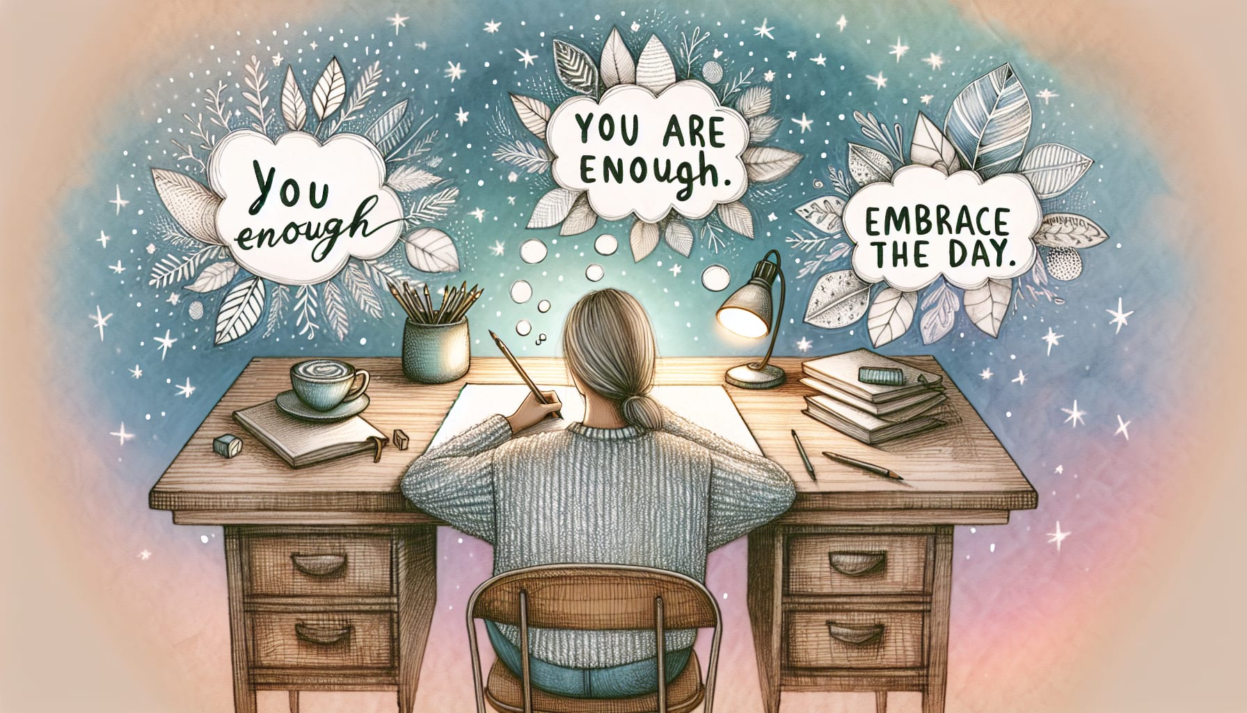 An artistic representation of crafting affirmations for stress and anxiety relief.