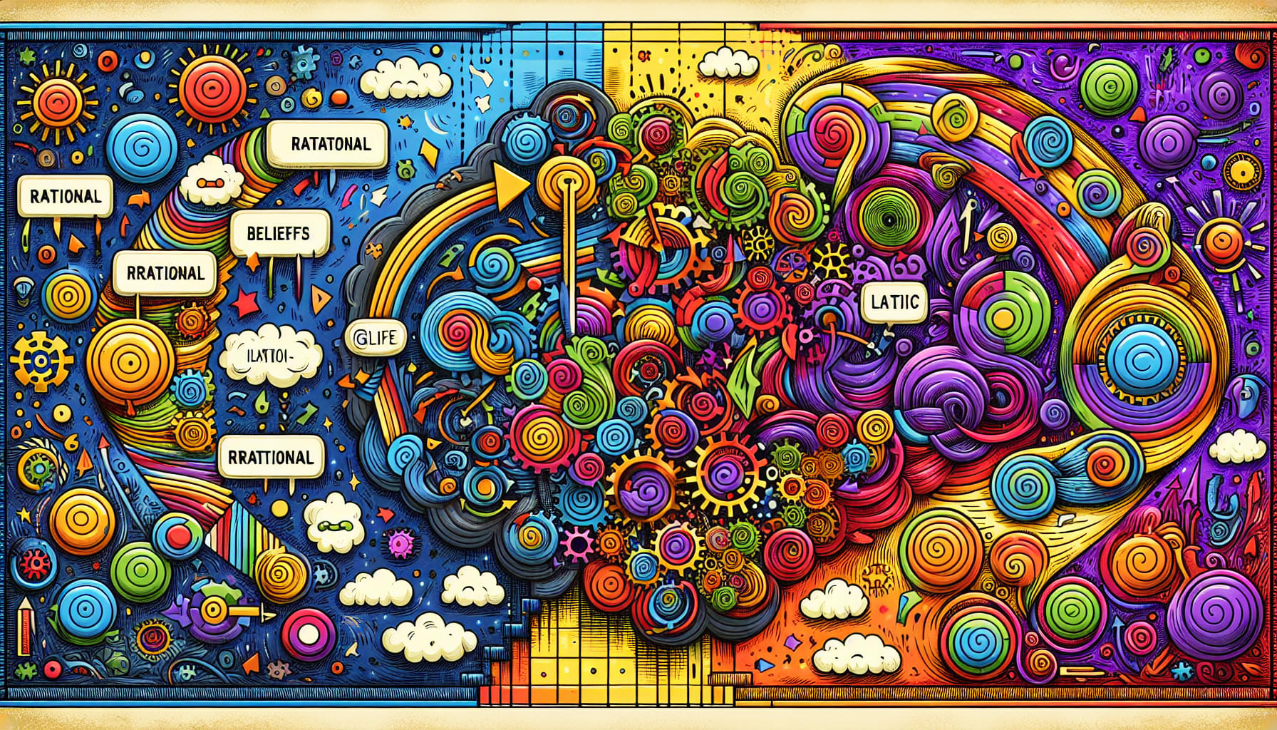 An illustration explaining the core concepts of REBT, including rational and irrational beliefs.