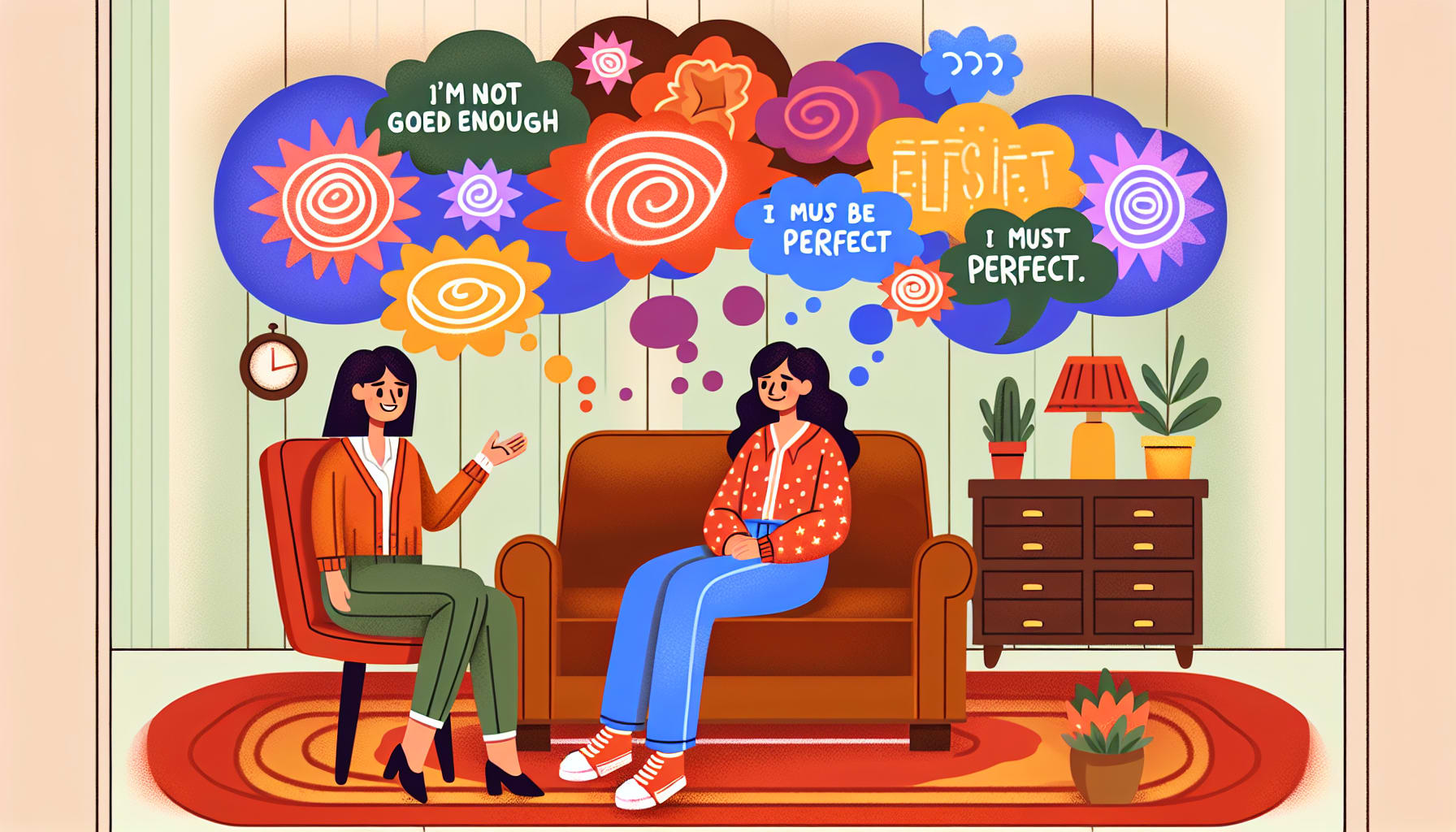A cartoon showing a person engaged in cognitive behavioral therapy for perfectionism.