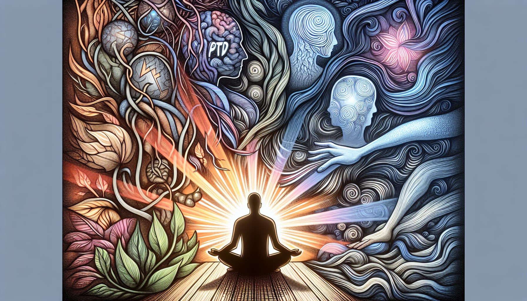 An illustration illustrating the conditions treated by somatic therapy, including PTSD.