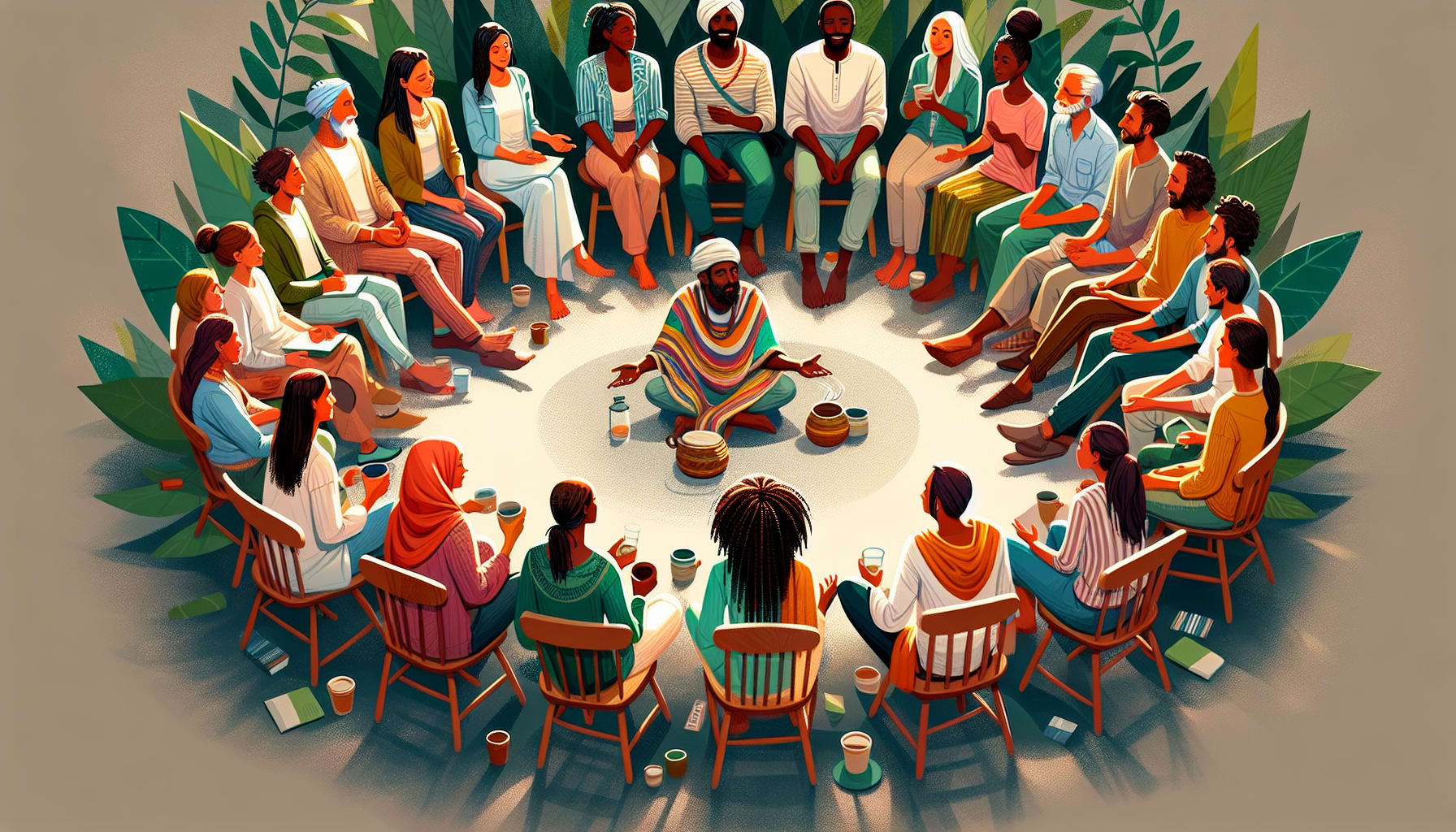 An illustration showing diverse individuals discussing their cultural sensitivity needs in a therapy setting.