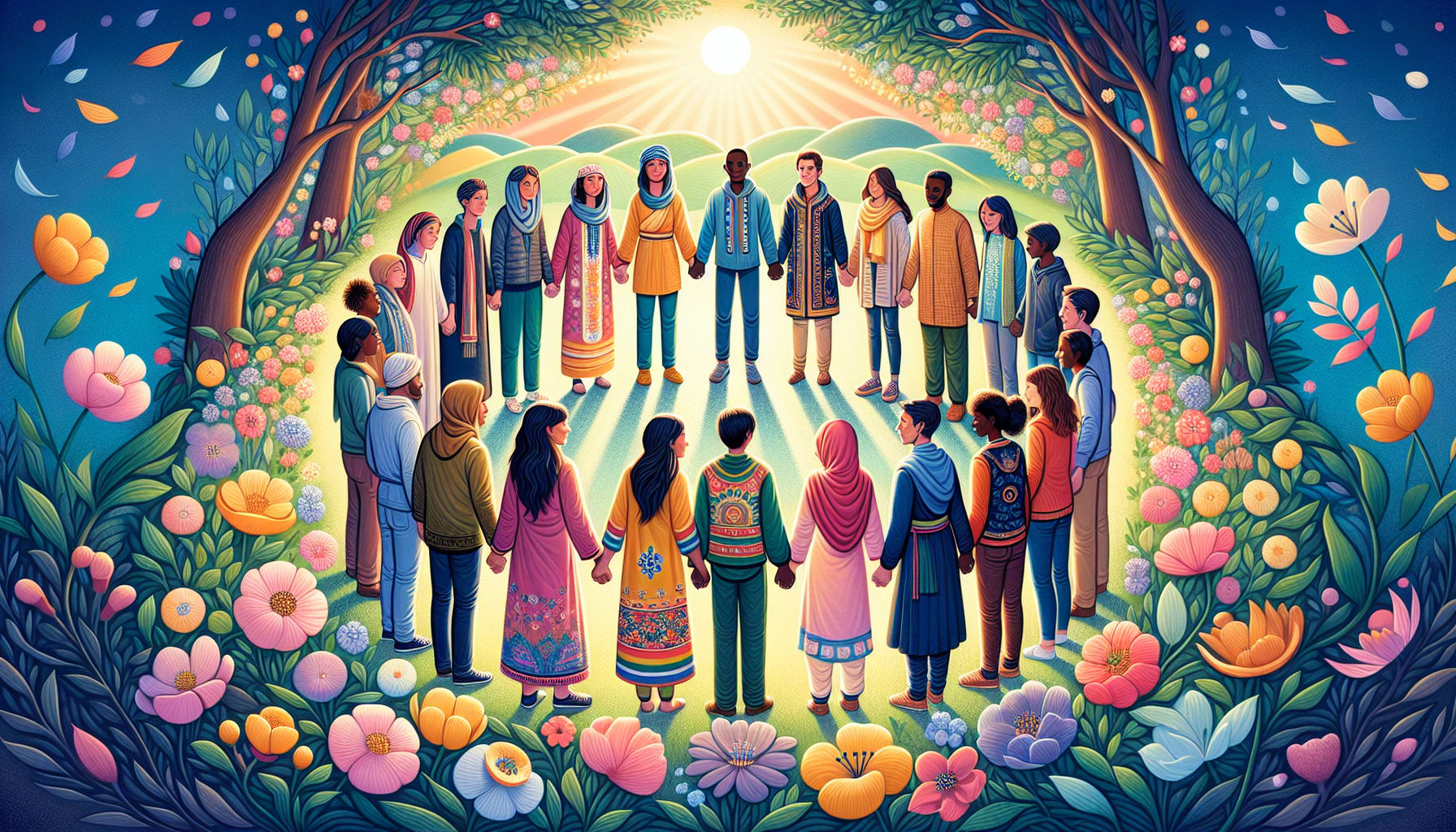 An illustration of a supportive community helping individuals in their healing journey.