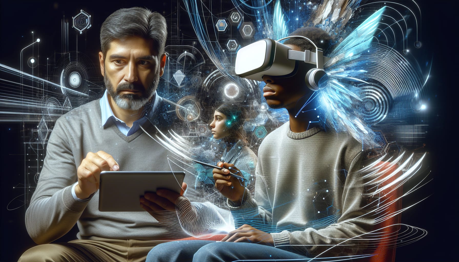 An artistic representation of advanced technologies being integrated into therapy sessions, including digital tools and virtual reality.