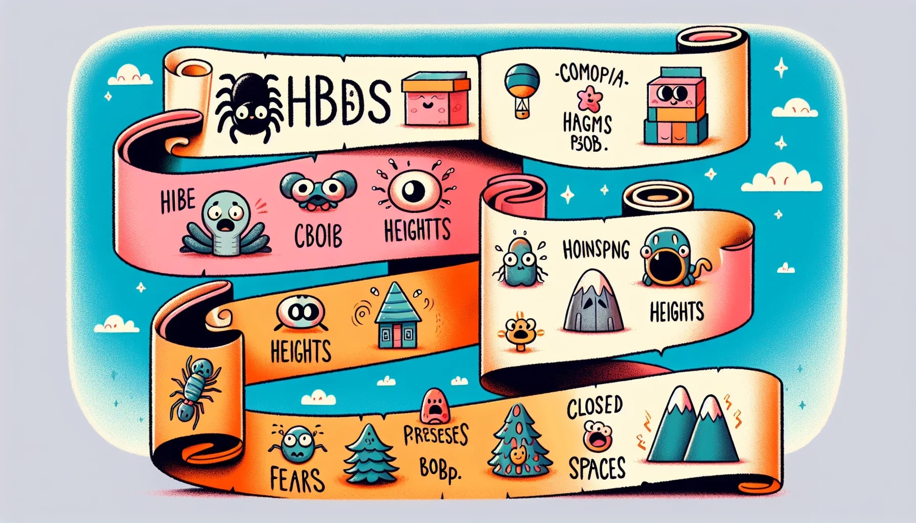A cartoon showcasing a list of every phobia with various icons representing different fears.