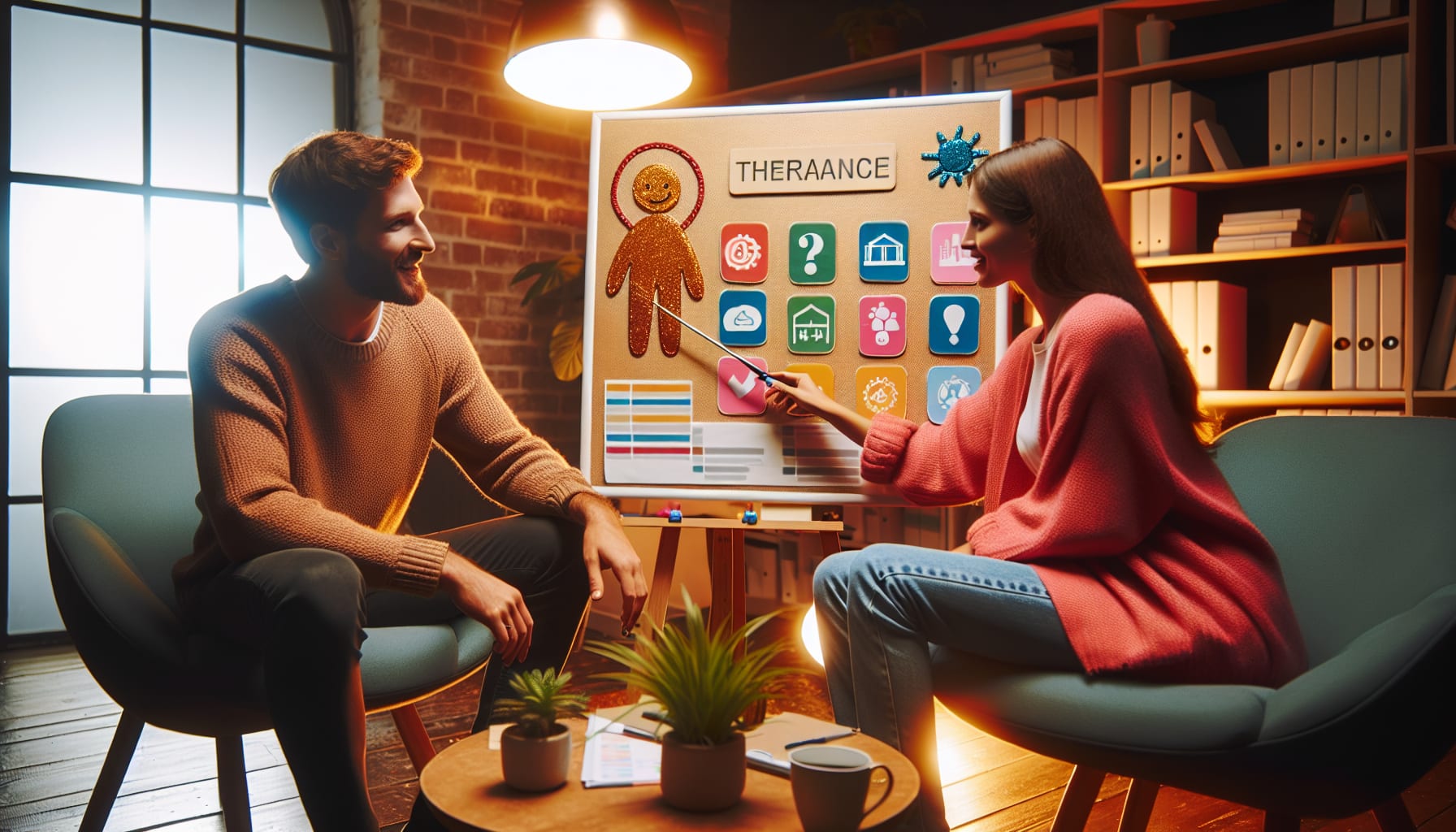 An illustration showing a therapist explaining therapy costs and insurance options to a client from a diverse background.