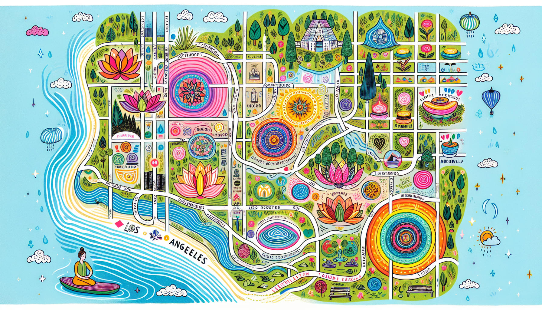 A visual guide to key places offering mindfulness classes in Los Angeles.