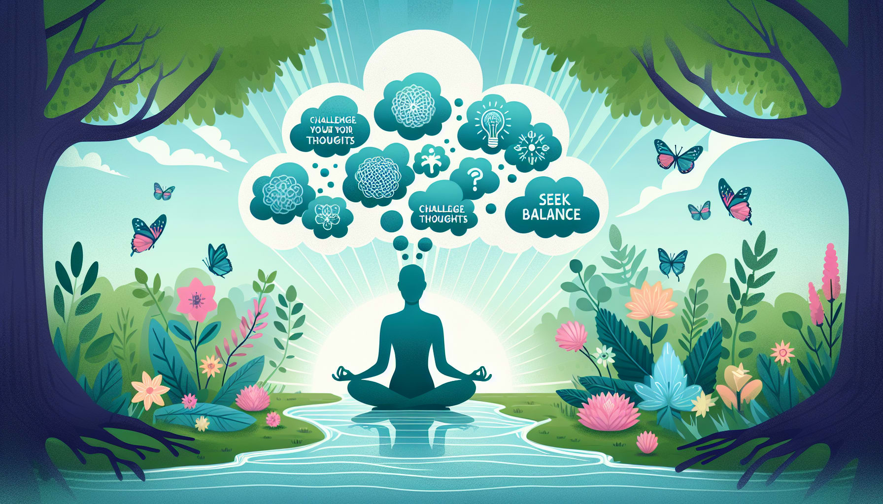An illustration of strategies to overcome black and white thinking, featuring a person reflecting on their thoughts.