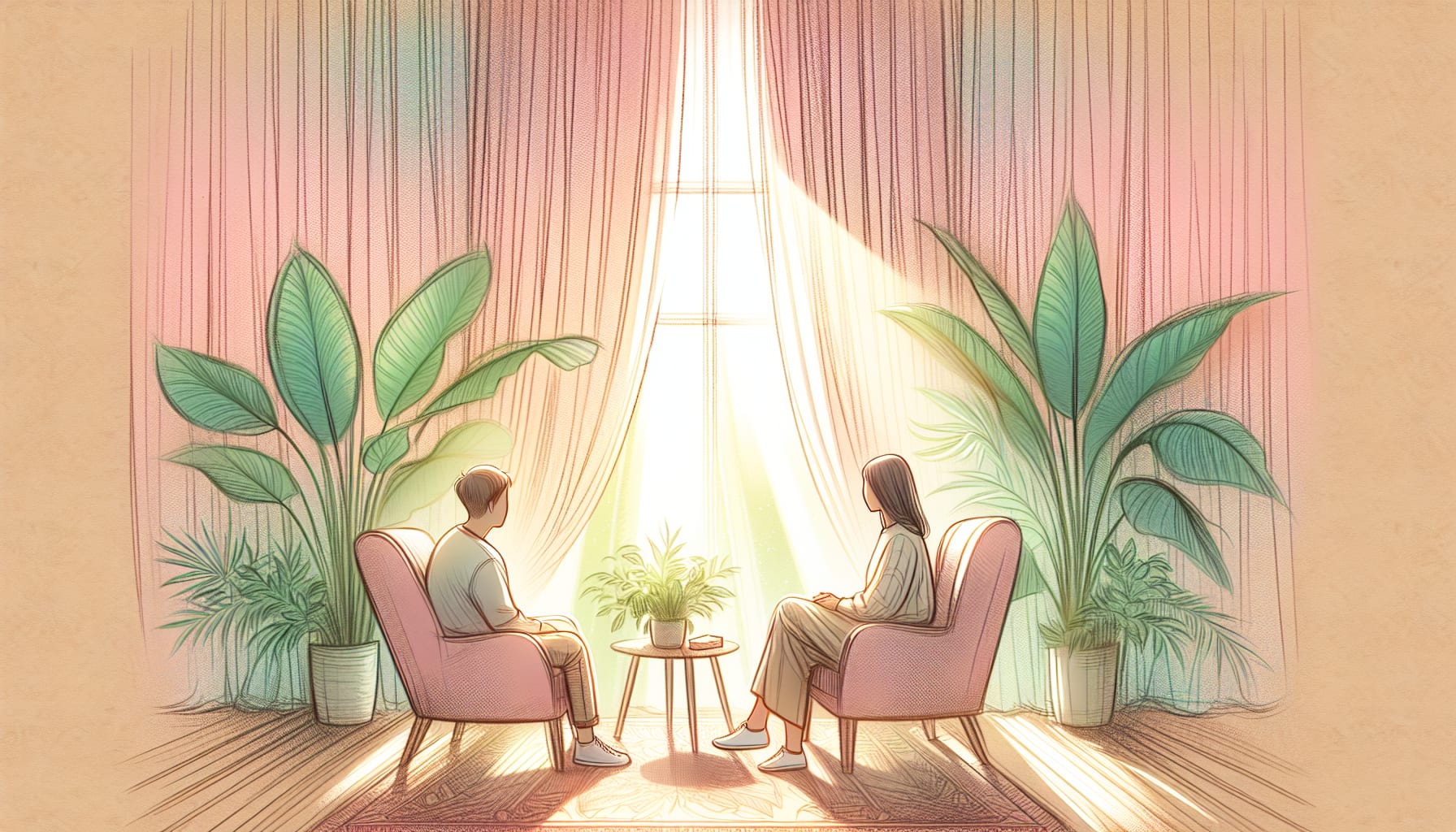 A drawing of a person healing from past trauma with the help of a therapist.
