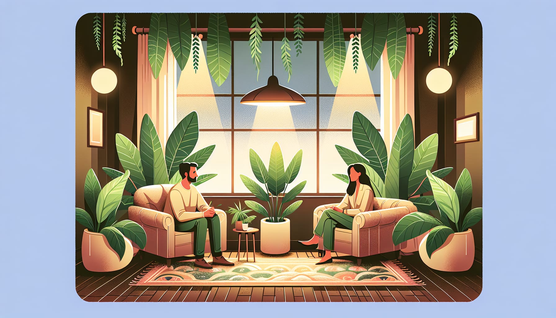 A drawing of a therapist in Los Angeles helping clients achieve emotional balance.