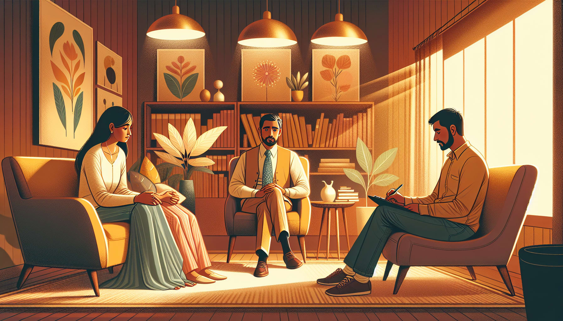 A drawing of a therapist guiding a couple through a counseling session, showcasing the therapist's role in addressing codependency.