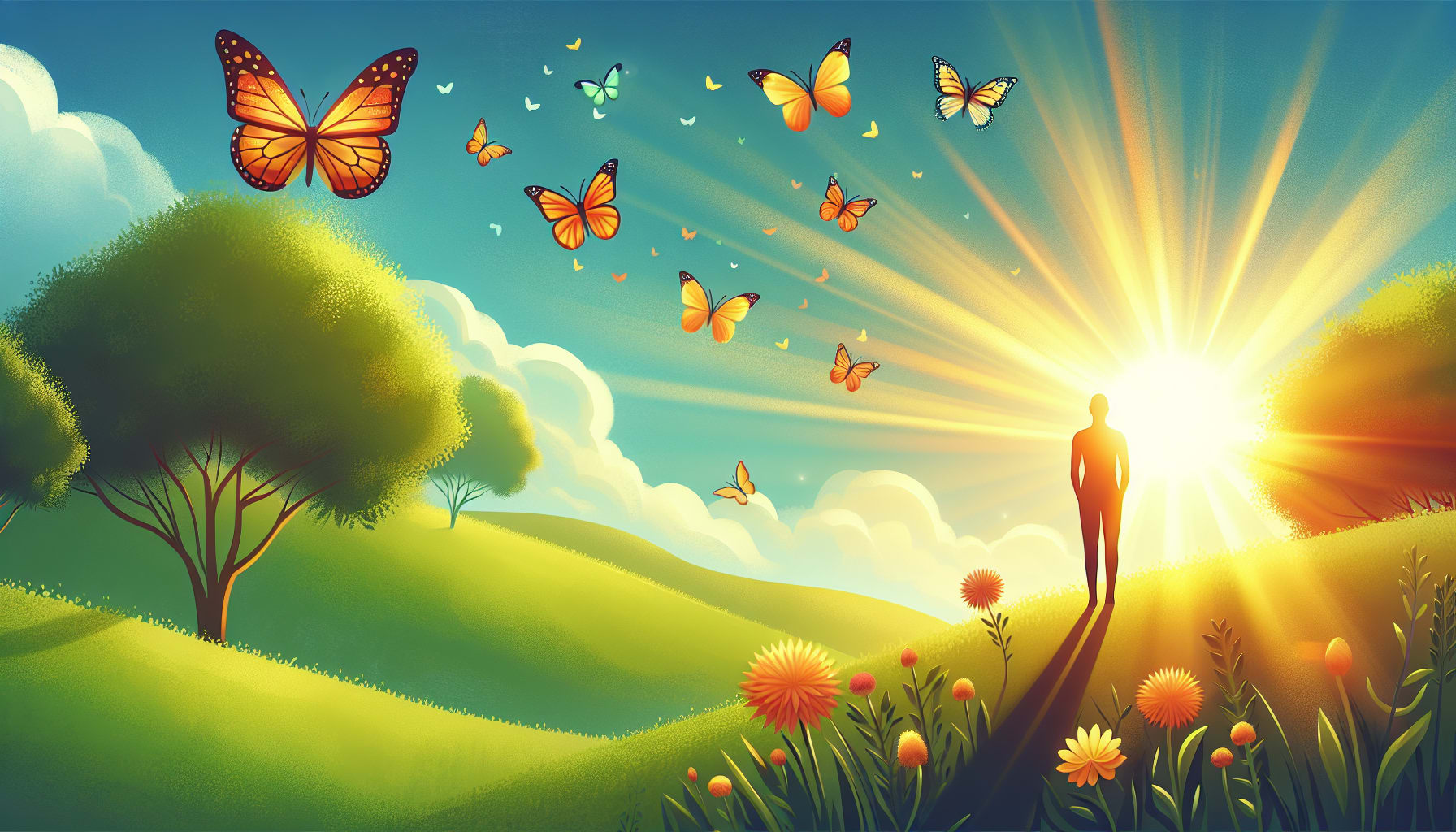 An illustration depicting the benefits of seeking therapy for anxiety and stress, showing a person feeling empowered.