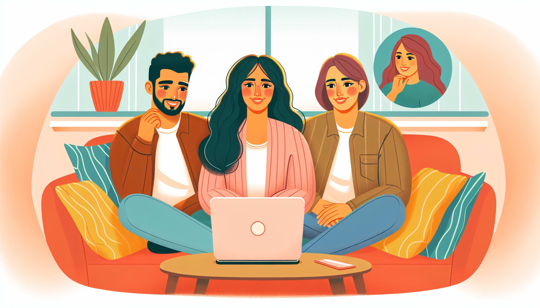 An illustration depicting the benefits of online therapy for couples, showcasing a couple in a virtual session.
