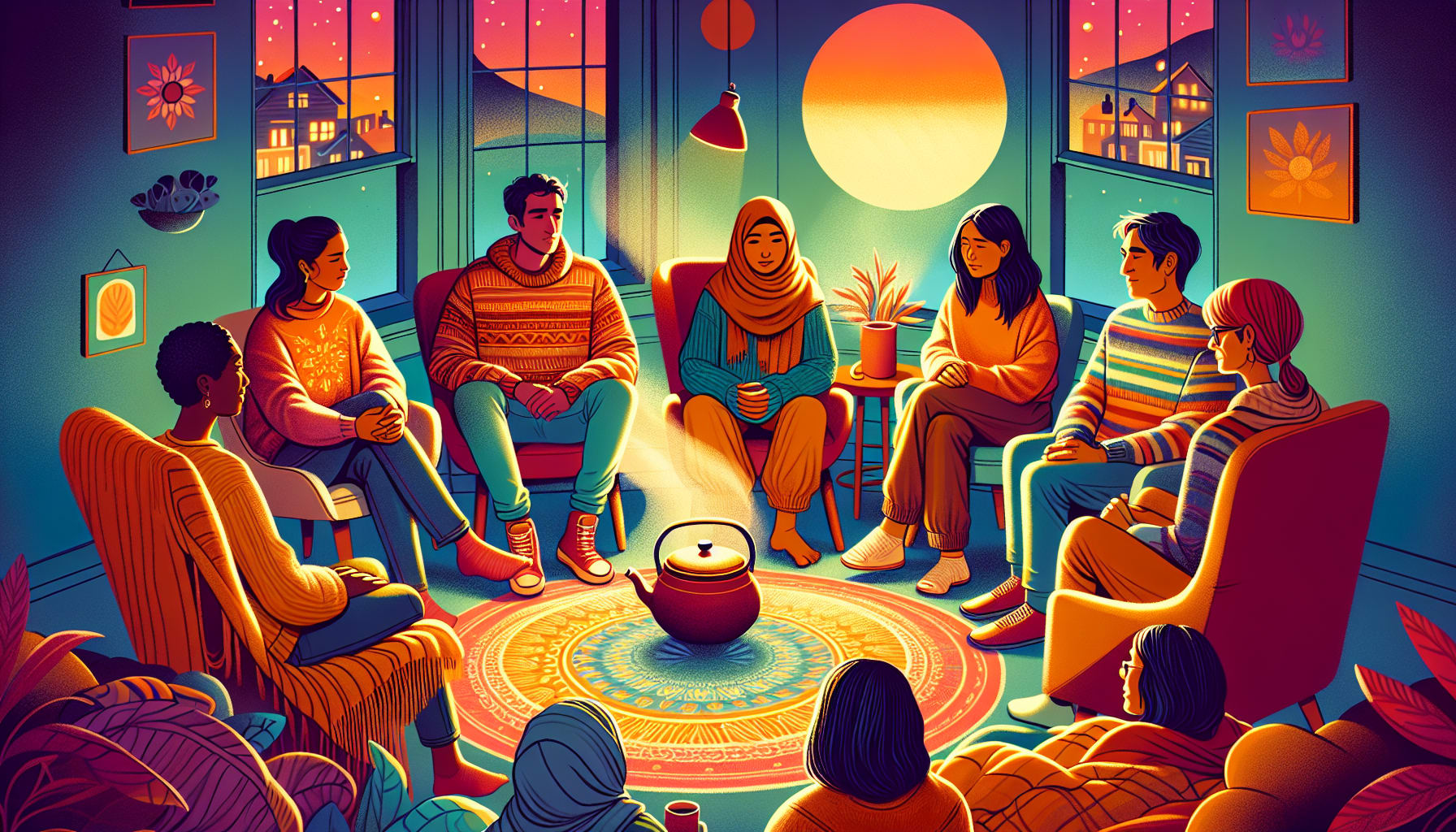An illustration of a support group meeting for parents in San Francisco, showcasing a diverse group sharing their experiences.