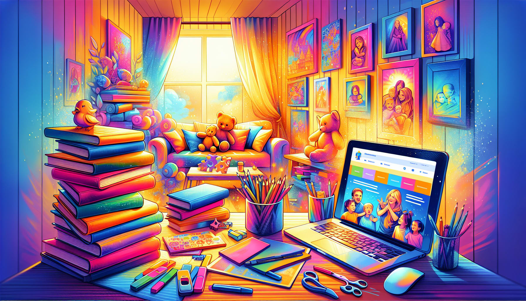An illustration representing various resources available for families, including books and workshops.