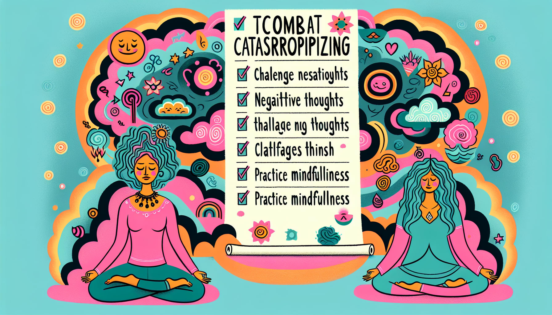An illustration showing practical tips to stop catastrophizing with a checklist.