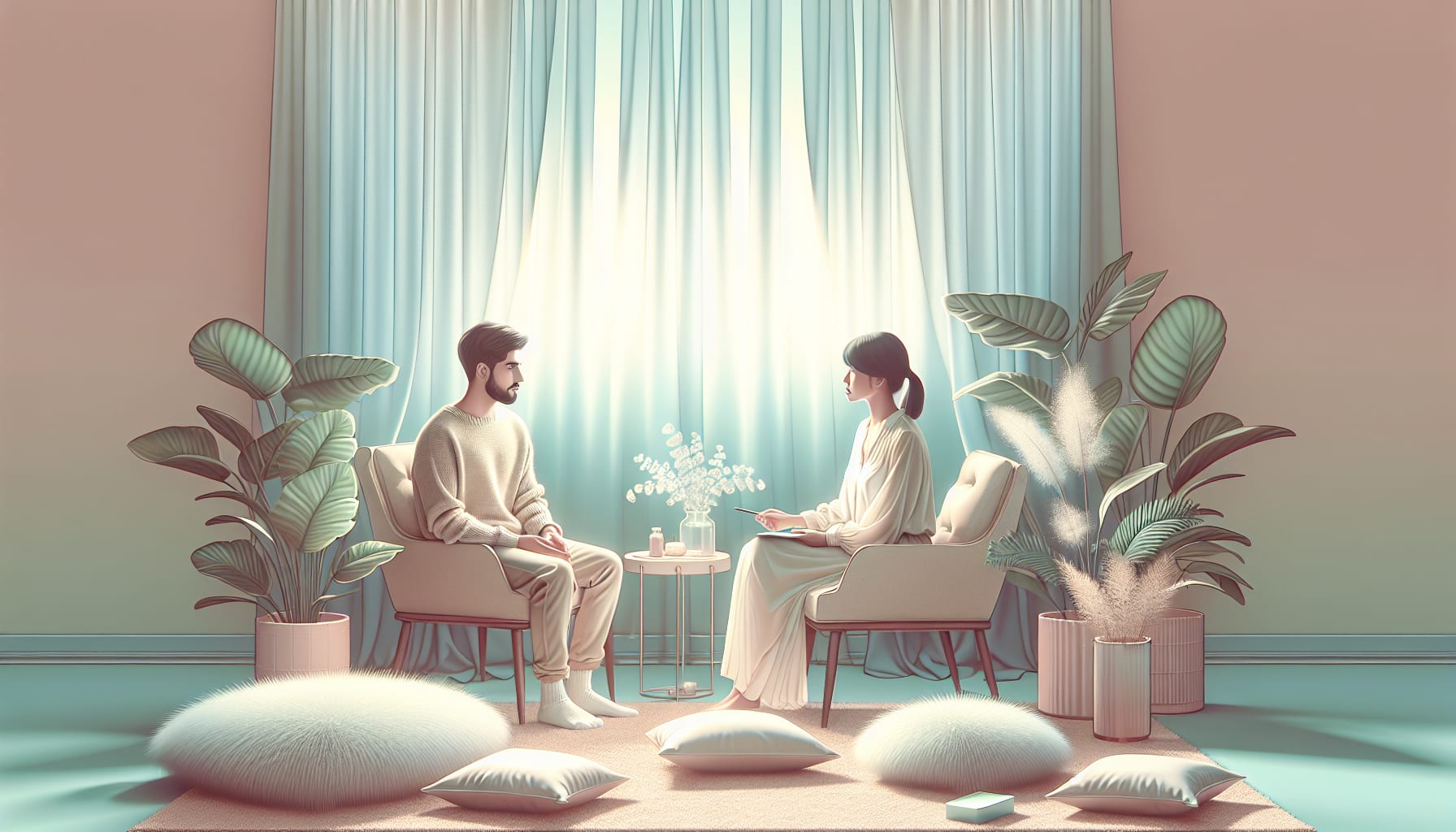 An illustration showing a mindfulness-based therapy session in progress.