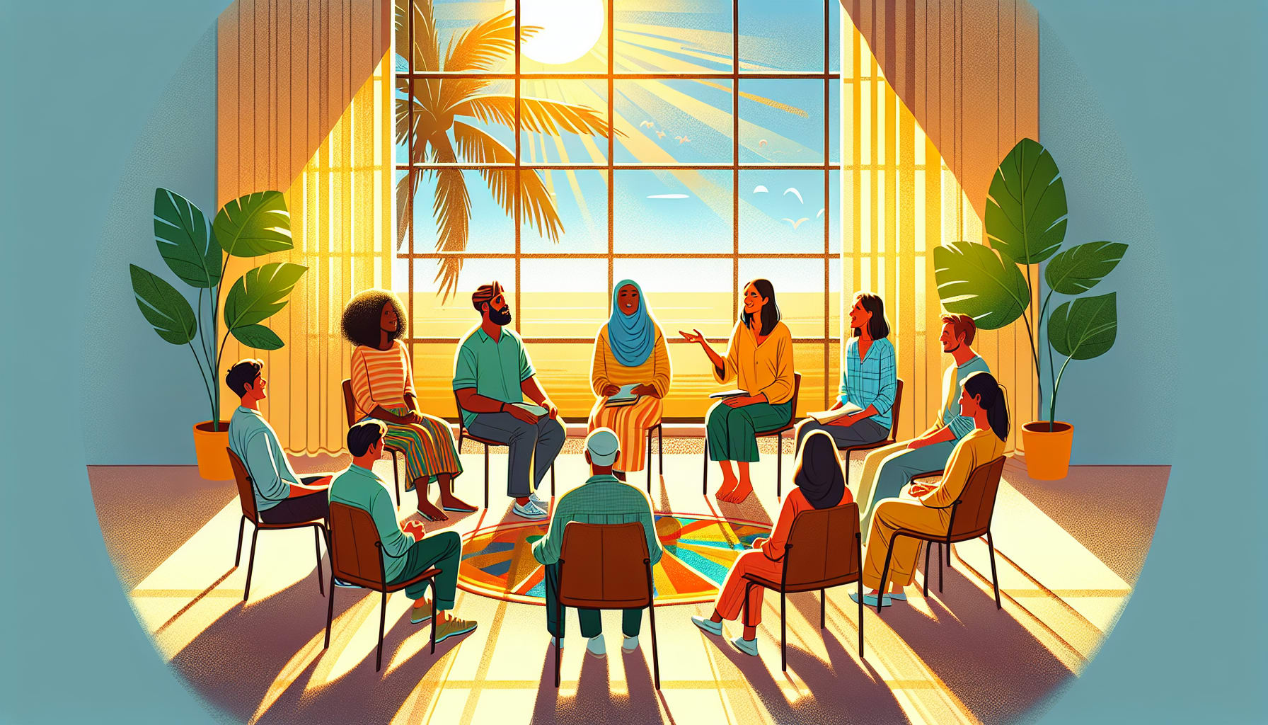 An illustration of a group therapy session happening in San Diego.