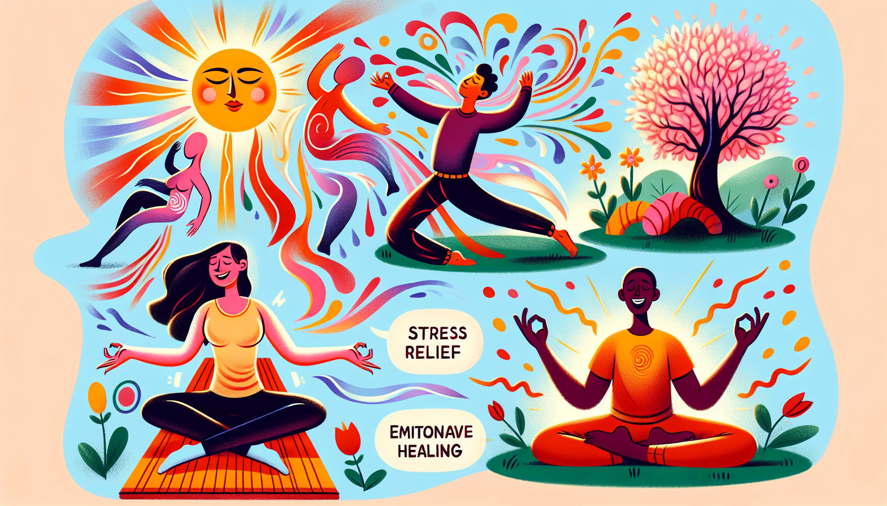 A cartoon illustrating the various benefits of somatic release therapy.