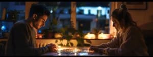 Two people sit across from each other, working on a puzzle at a table in a dimly lit room. Several candles and potted plants are on the windowsill behind them, creating an aura of harmony as they engage in effective listening to complete their shared task.
