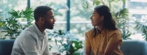 Two people are sitting on a couch engaged in a conversation, epitomizing harmony. They are in a bright room with numerous plants and large windows in the background.