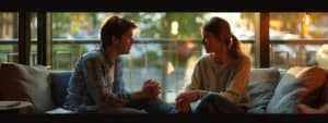 Two people, likely a couple, converse while sitting on a couch in a softly lit room. They practice effective listening as the large window behind them reveals an outdoor scene with trees and a blurred background, creating an atmosphere perfect for unlocking harmony in their relationship.