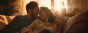 A man and woman are cuddling on a couch, smiling and leaning in close to each other, with sunlight streaming in through a window behind them, their bond strengthened by healthy emotional dialogue.