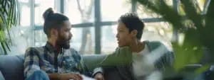 Two people are sitting on a couch having a healthy emotional dialogue. They are in a modern room with large windows and green plants, creating an inviting atmosphere.