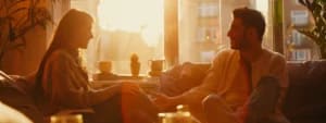 A man and woman sit on a couch in a warmly lit room, holding hands and smiling at each other as the sun sets through the window behind them, their healthy emotional dialogue strengthening their marriage.