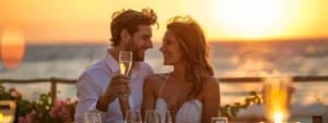 A couple clinks champagne glasses while sitting at a seaside table during sunset, celebrating their marriage with a moment of healthy emotional dialogue.