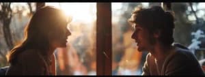 Two people sit facing each other in a warmly lit room, engaged in conversation. The sunlight creates a soft glow behind one of them. Both appear relaxed and attentive, possibly mastering non-verbal communication as they strengthen their marital bonds.