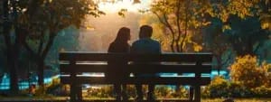 A couple sits on a park bench, facing each other and chatting, as the sun sets behind them, casting a warm golden glow through the trees. Their non-verbal communication speaks volumes, enhancing their stronger marital bonds with every shared glance and gentle touch.