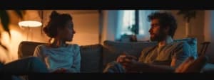 Two people sitting on a couch in a dimly lit room, engaged in conversation. One is wearing a white top, the other a grey t-shirt. The room is softly lit by a lamp in the background. They seem to be discussing strategies to enhance communication for building stronger relationships.