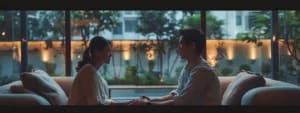 A man and a woman sit across from each other on a couch, holding hands, with large windows and an evening garden view in the background, perhaps reflecting on their couples therapy session and newfound strategies for better communication.