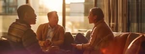Three people sitting on a sofa having a conversation in a sunlit San Francisco room.