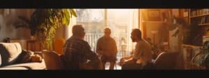 Three people sit in a sunlit San Francisco living room, engaged in conversation. The room is decorated with plants, bookshelves, and ample seating, with sunlight streaming in through large windows—a perfect setting for couples counseling.