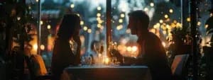 A couple sits at a candlelit table in a restaurant, with warm, decorative lights in the background. Smiling and facing each other, they hold hands, their conversation flowing effortlessly. Wine glasses and plates are on the table, creating an intimate setting perfect for nurturing their relationship.